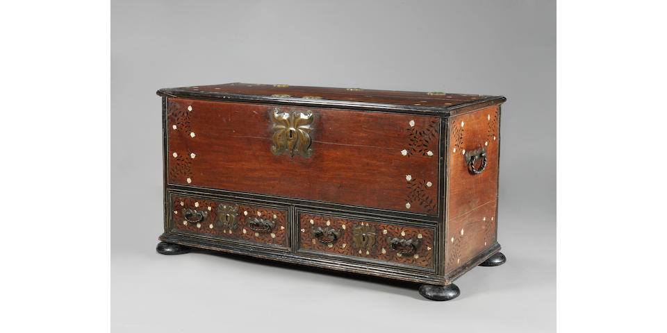 A large and rare Vizagapatam ivory inlaid wood Chest Southern India, circa 1720