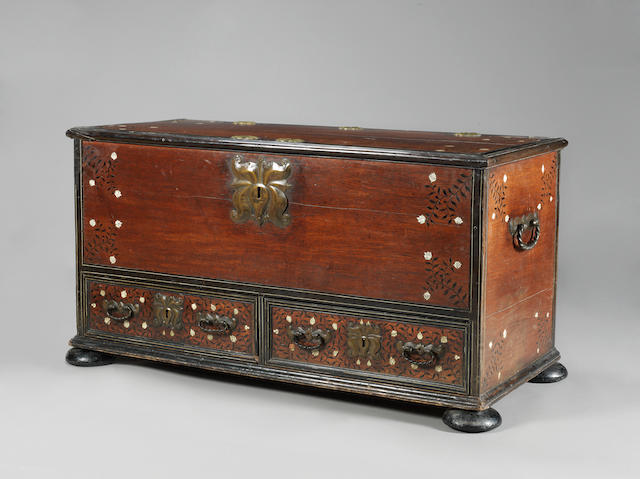 A large and rare Vizagapatam ivory inlaid wood Chest Southern India, circa 1720