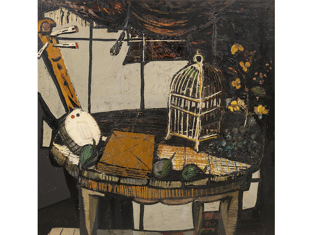 Christo Coetzee (South African, 1929-2001) Still life with fruit, a banjo and birdcage
