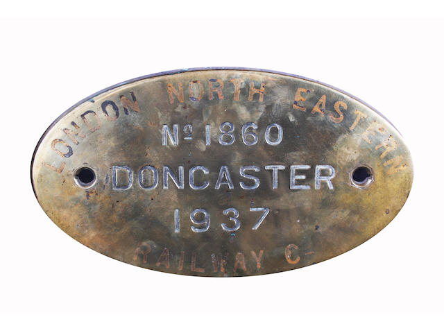 London North Eastern Railway Co. brass worksplate No.1860 Doncaster 1937 ex-LNER A4 class 4495 (BR 60030) Golden Fleece