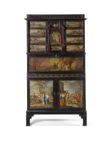 A Flemish 17th century ivory and tortoiseshell inlaid, ebony and ebonised painted cabinet, the fourteen painted panels attributed to the circle of Hans Jordaens III (Antwerp, circa 1595-1643)