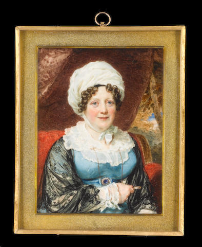 Sir William Charles Ross, RA (British, 1794-1860) Isabella, Dowager Viscountess Harwarden (n&#233;e Monck) (1759-1851), seated in a red upholstered chair, wearing cyan blue dress with cream lace collar and cuffs, the blue waistband held with a sapphire and pearl buckle, black lace shawl, white turban over her ringlets, held with a ribbon bow beneath her chin, she holds in her right hand an eye glass on a gold chain about her neck, red curtain and woodland beyond