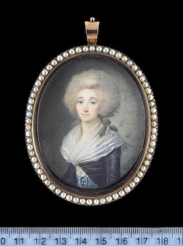 Maximilien Villers (French, born circa 1760) &#201;lisabeth Philippine Marie H&#233;l&#232;ne de France(1764&#8211;94), sister of Louis XVI, wearing purple open robe over white dress and white fichu, her blue waistsash held with a pearl-edged buckle bearing initial 'L'