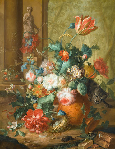 Johannes Christianus Roedig (The Hague 1751-1802) Tulips, roses and other flowers in a classical urn overturned by a cat chasing a mouse with a statue of Flora beyond; and Peaches, grapes, pumpkins, a lemon, a pomegranate and other fruit and flowers in a wicker basket on a marble plinth, with a classical urn beyond (2)
