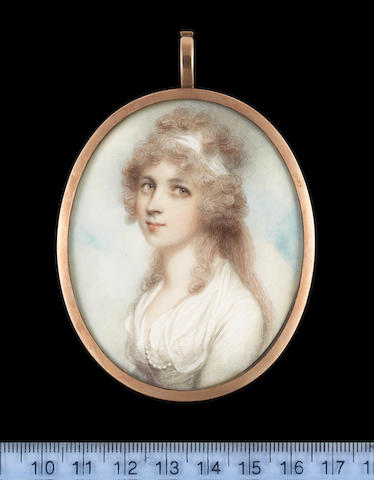 Andrew Plimer (British, 1763-1837) Anna Maria Graham of Kinross House (later Mrs George Templer) (d.1849), wearing white dress with strand of pearls across her left breast, a white bandeau in her powdered hair, worn curled and long