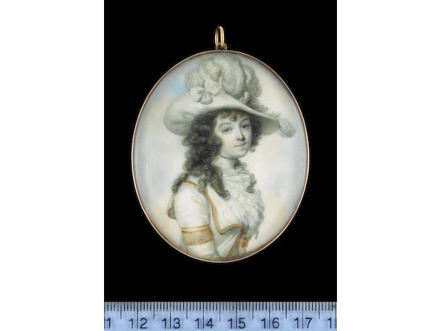 Richard Crosse (British, 1742-1810) Miss Turner of Uxbridge, wearing riding habit of white jacket with gold trim and tassels, frilled white chemise and wide brimmed white hat dressed with ostrich feathers and ribbon bow