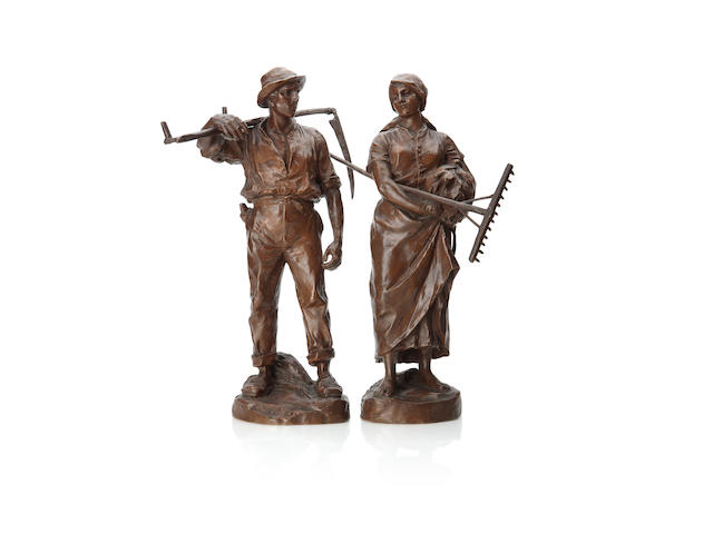A pair of bronze figures of farm workersBy H. Muller