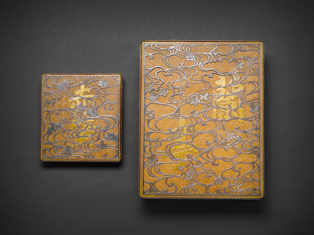An unusual matching gold lacquer and silver-inlaid ryoshibako (document box) and suzuribako (writing box) set By Chikueido Eishin (1849-1915), Meiji Period