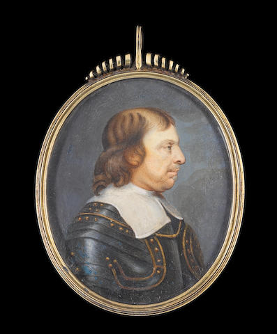 English School, 17th Century Oliver Cromwell (1599-1658), profile to right, wearing brass studded steel armour and white lawn collar
