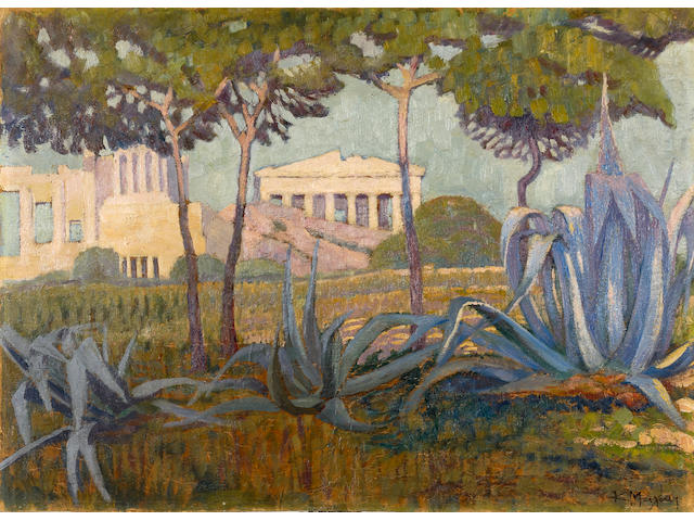 Constantinos Maleas (Greek, 1879-1928) Acropolis / Acropole vue entre des pins et alo&#232;s 49 x 69 cm.