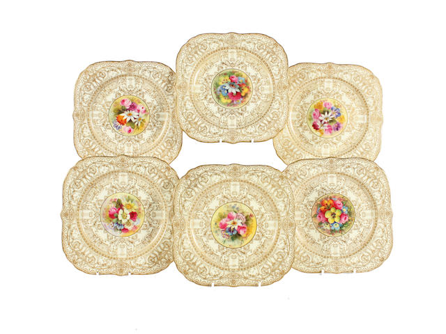 A set of six Royal Worcester square plates by the Austin Brothers Dated 1929