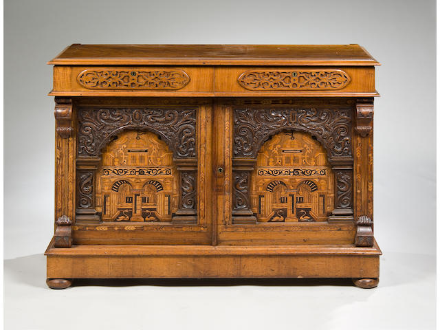 A Victorian walnut chiffonier with later Italian inlaid panels