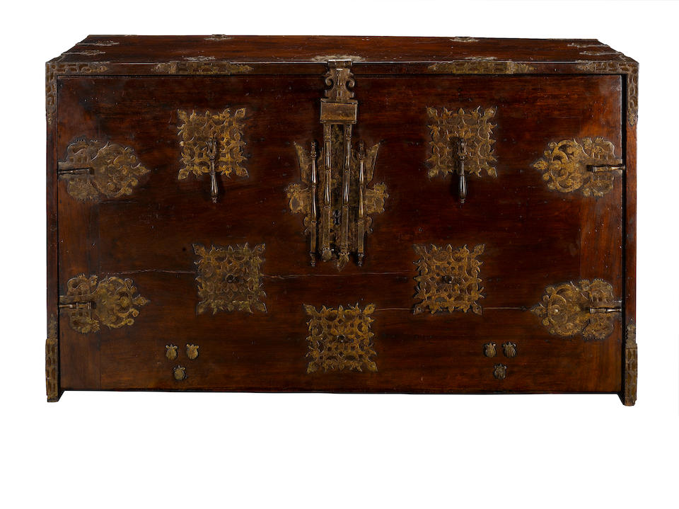 A Spanish 17th century bone inlaid, painted and parcel gilt walnut vargue&#241;o on stand