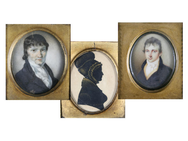 English school circa 1820 A portrait miniature of a gentleman wearing a dark jacket with yellow waistcoat, on ivory, oval, together with another portrait miniature of a gentleman wearing a dark blue jacket and white stock, on ivory, oval,