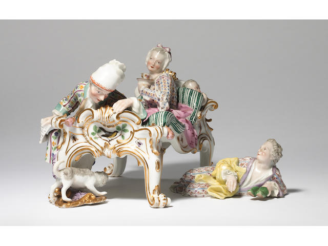 A Meissen group of the Lover Discovered Mid 19th Century.
