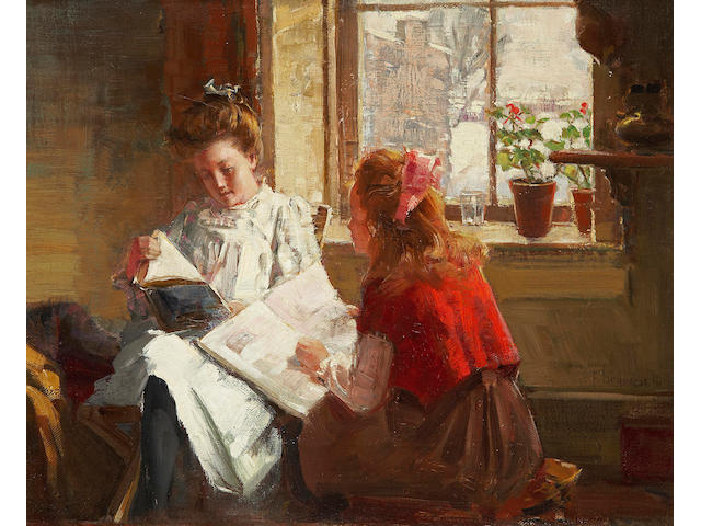 Peleg Franklin Brownell, RCA OSA CAC (Canadian, 1857-1946) Reading, an interior scene with two girls reading by a window