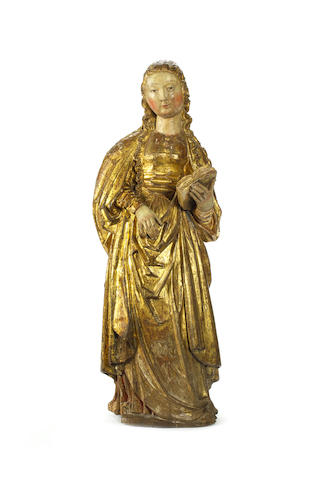 A Spanish late 15th/early 16th century carved, polychrome painted, parcel-gilt wood and gesso figure of the Virgin probably by a Flemish sculptor