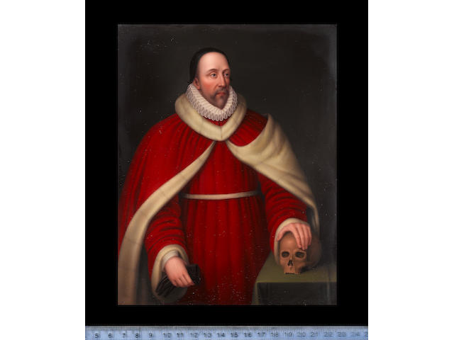 Henry Bone, R.A. (British, 1755-1834) Edward Coke (1552&#8211;1634), wearing white fur trimmed red robes, ruff and black cap, he holds his gloves in his right hand, his left hand resting on a skull
