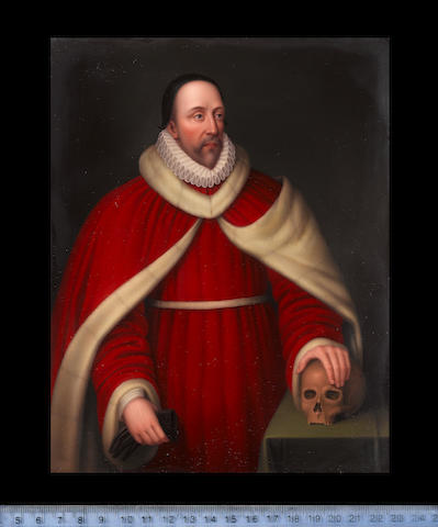 Henry Bone, R.A. (British, 1755-1834) Edward Coke (1552&#8211;1634), wearing white fur trimmed red robes, ruff and black cap, he holds his gloves in his right hand, his left hand resting on a skull