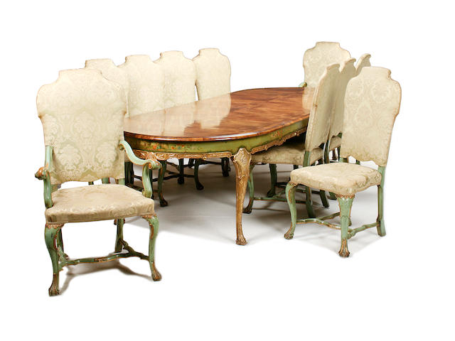 A second quarter 20th century walnut, polychromed, giltwood and composition dining suite