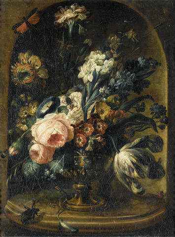 August Wilhelm Sievert (Ludwigsburg circa 1705-circa 1751) Roses, tulips and other flowers in a bronze urn with butterflies within a painted stone niche; and Beetles, carnations, primroses and tulips in a classical urn (2)
