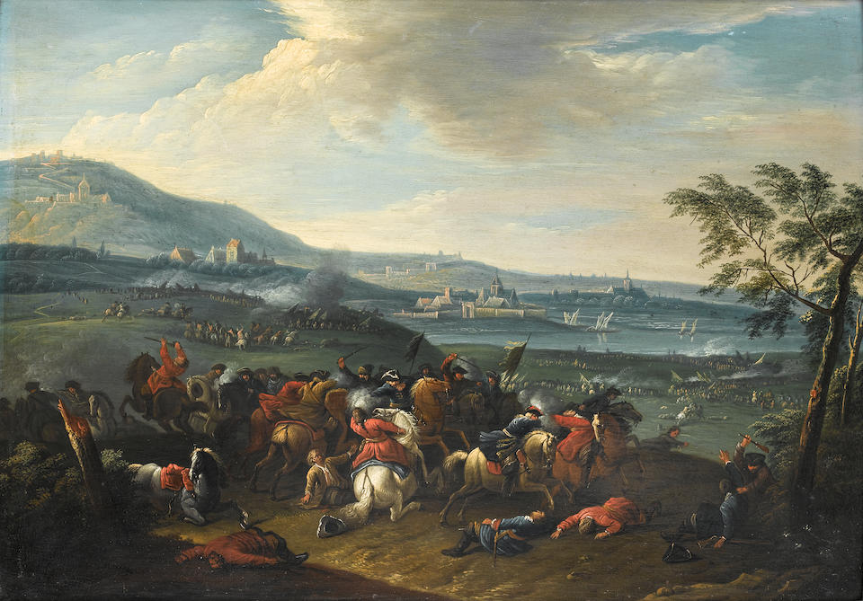 Jan Frans van  Bredael the Elder (Antwerp 1686-1750) A cavalry skirmish before an extensive river landscape with further battles in the distance; and A cavalry skirmish (2)