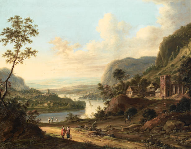 Johann Christian Vollerdt (Leipzig 1708-1769 Dresden) An extensive river landscape with figures resting beside a waterfall and a village in the distance; and A mountainous river landscape (2)