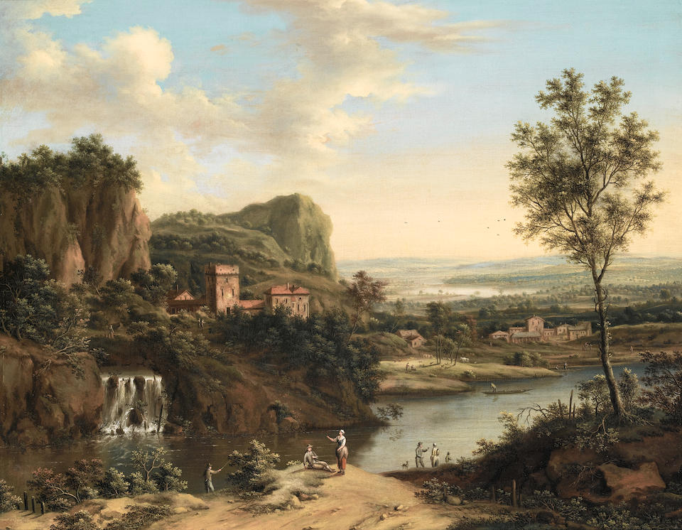 Johann Christian Vollerdt (Leipzig 1708-1769 Dresden) An extensive river landscape with figures resting beside a waterfall and a village in the distance; and A mountainous river landscape (2)