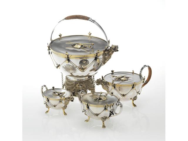 A Victorian novelty silver and parcel-gilt four piece tea service, by E.C. Brown, London 1867,  (4)