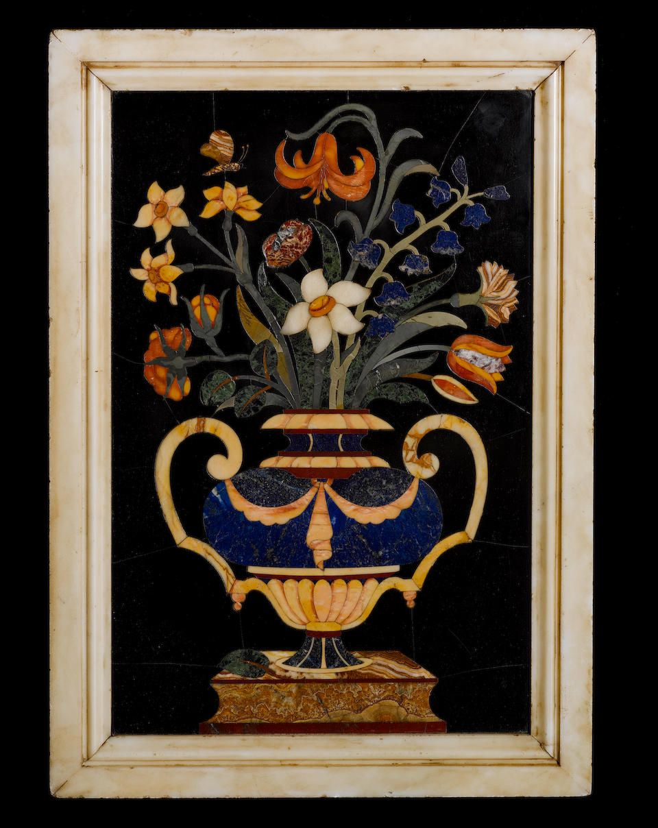A pair of large Italian 19th century pietre dure panels of flowers after the 17th century model by the Corbarelli workshop, now in the church of Santa Giustina, Padua.