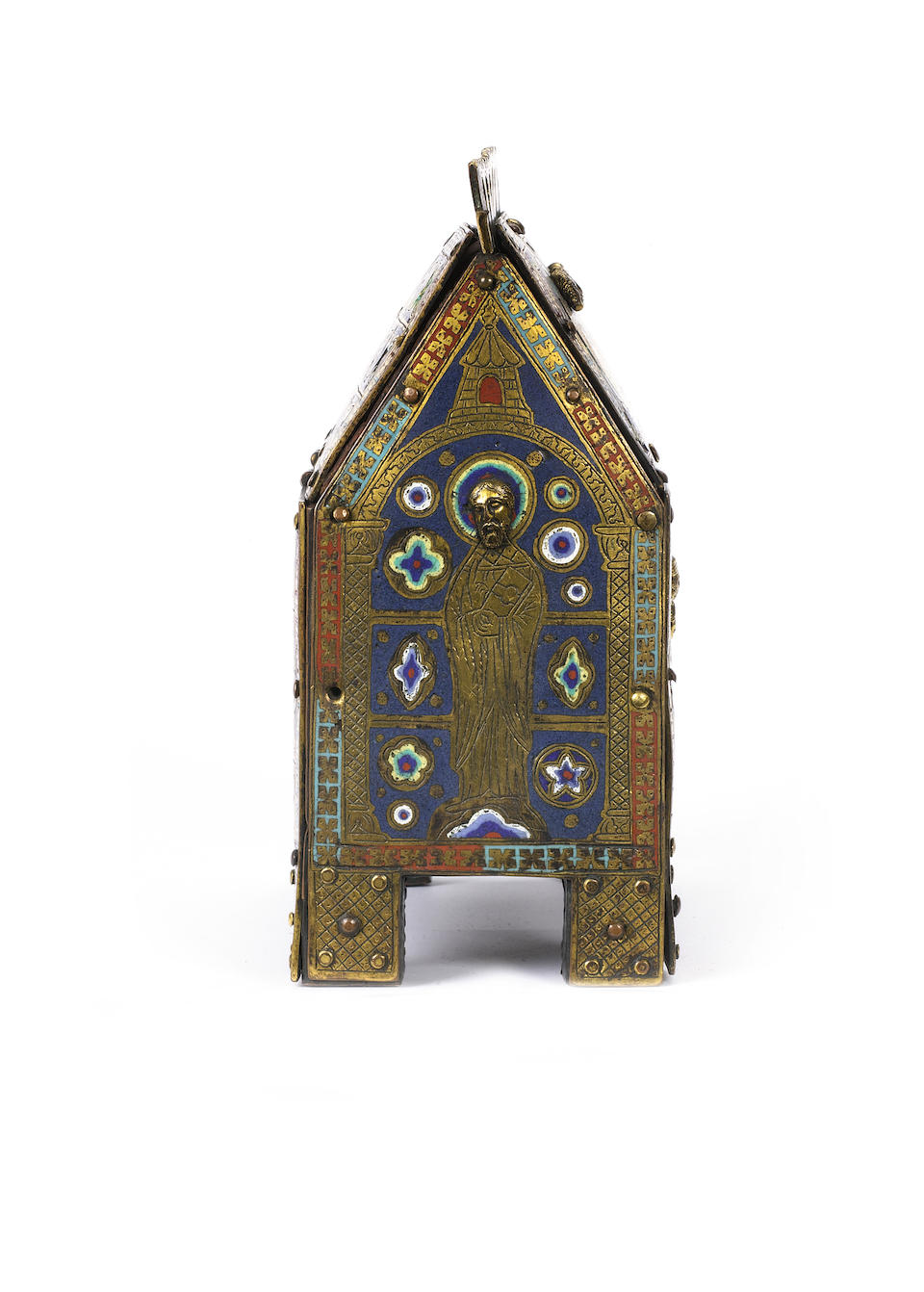 A French 13th century style enamel and gilt copper ch&#226;sse-reliquaire probably 19th century, possibly with earlier elements