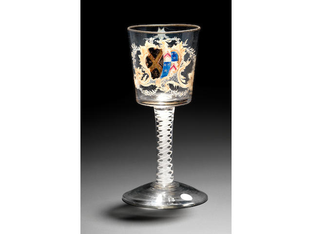 The Beilby Thompson Goblet. An important Beilby polychrome enamelled and gilt opaque-twist goblet circa 1765