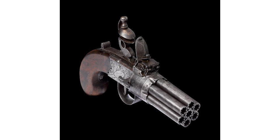 A Very Rare 140-Bore Seven-Barrelled Flintlock Box-Lock Pepperbox Revolver