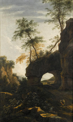 Willem von Bemmel (Utrecht 1630-1708 W&#246;hrd) An Italianate landscape with figures resting before an arch; and A coastal landscape (2)
