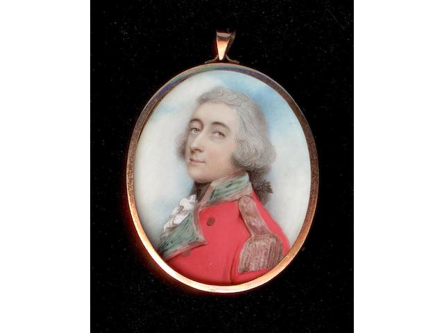 Andrew Plimer (British, 1763-1837) Steven Butler, wearing uniform of scarlet coatee with gold edged green collar and facings, gold epaulette, frilled white chemise and black stock, his hair powdered and worn en queue with a black ribbon bow