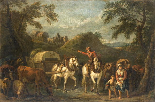 Pieter van Bloemen (Antwerp 1657-1720) Travellers on horseback with cattle and sheep