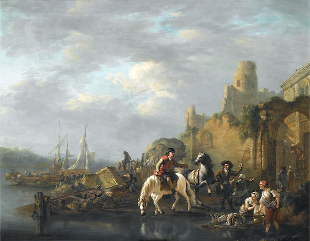 Jacob van Stry (Dordrecht 1756-1815) Washerwomen and horsemen on the banks of a river