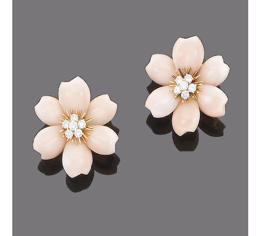 A pair of coral and diamond earclips, by Van Cleef & Arpels