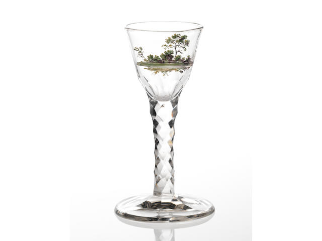 A rare Beilby polychrome enamelled facet-stem wine glass circa 1770