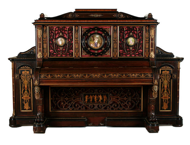 An important American late 19th century ormolu and porcelain-mounted, parcel-gilt, rosewood, tulipwood, sycamore, ebony, ebonised and marquetry upright piano by Steinway and Sons, index number 32260, New York, the cabinet work by E.W. Hutchings and Son, the painted porcelain plaques by A. Deligny, circa 1875