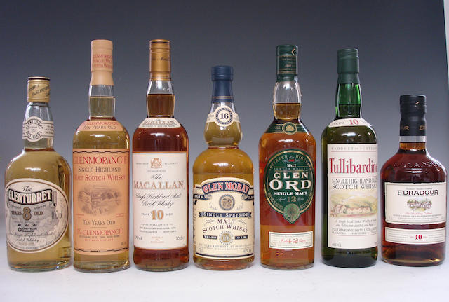 The Glenturret-8 year old  Glenmorangie-10 year old (70 cl bottle and half)   The Macallan-10 year old  Glen Moray-16 year old  Glen Ord-12 year old  Edradour-10 year old  Tullibardine-10 year old