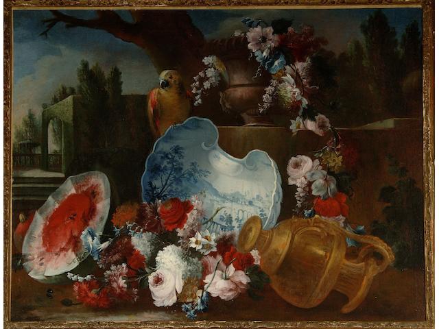 Francesco Lavagna (active Naples, 18th Century) Roses, convolvulus, snowballs and other flowers in an urn with a parrot, a park landscape in the distance; and An urn filled with convolvulus, roses and other flowers (2)