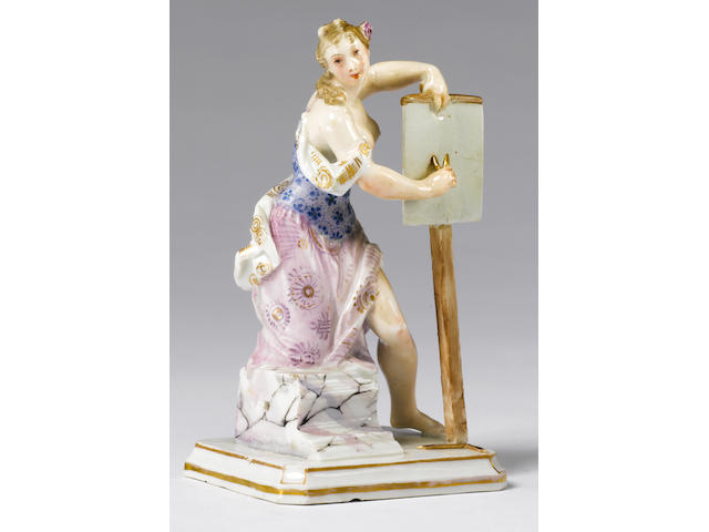 A documentary Nymphenburg allegorical figure of 'Architecture' circa 1760, the decoration probably slightly later