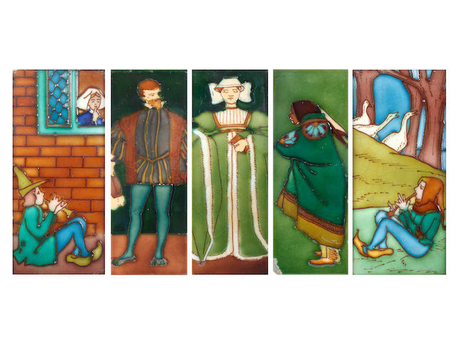 A collection of five T. A. Simpson & Co. tiles decorated by Charlotte Rhead, Circa 1905