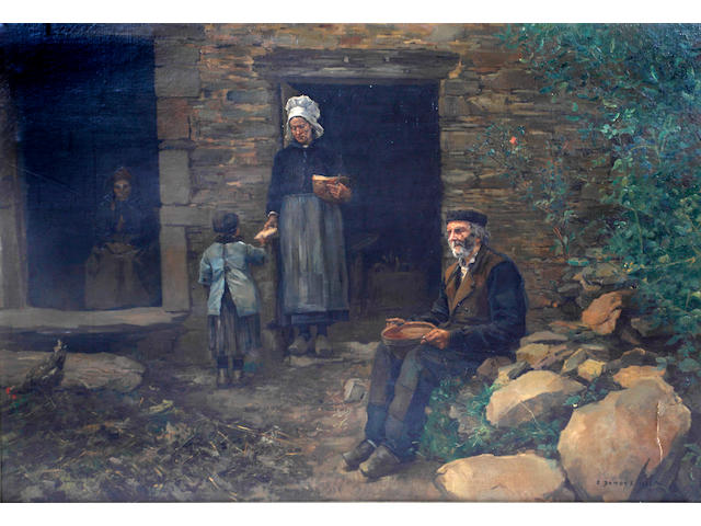 Pierre Emmanuel Eug&#232;ne Damoye (French, 1847-1916) Feeding the poor before a stone barn