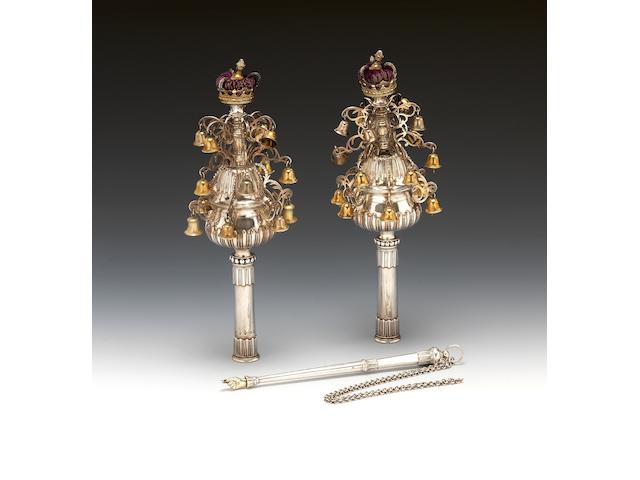 A highly important and rare pair of George III silver and parcel-gilt Torah Finials (Rimmonim) and matching Torah pointer (yad), maker's mark I(?) over-striking (?)R or IR, the latter possibly for John Robins, London 1783, the Torah pointer (Yad) stamped with lion passant only,  (3)