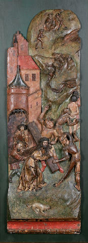 A late Medieval / Early Renaissance South German carved wood and polychrome decorated relief panel depicting Christ on the road to Calvarycirca 1500-1520