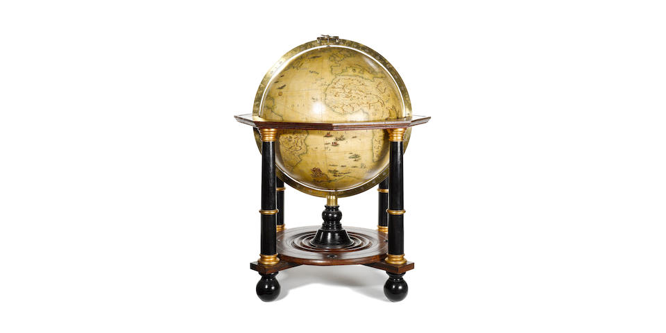 An impressive pair of Vincenzo Coronelli 42 1/2-inch (108cm) facsimile terrestrial and celestial globes, 20th century, (2)