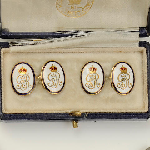 A pair of George V Royal cypher enamel cufflinks, by Benzies of Cowes