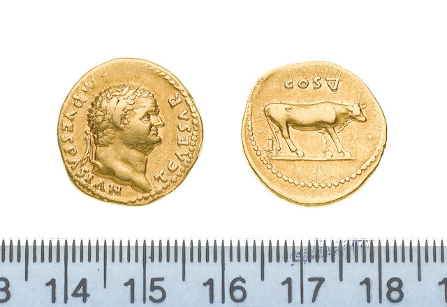 Titus, AD 76, Gold aureus of Titus as Caesar, struck under Vespasian, 7.3g, Rome mint, TCAESAR IMP VESPASIAN laureate head right,